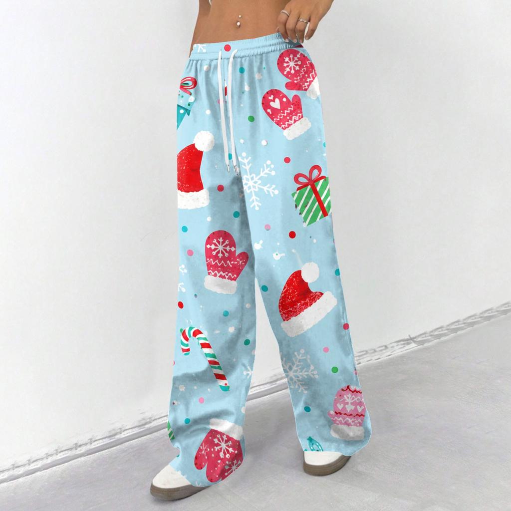 Women's Casual Christmas Print Loose Fit Straight Leg -Lined Pants with Elastic Waist for Winter