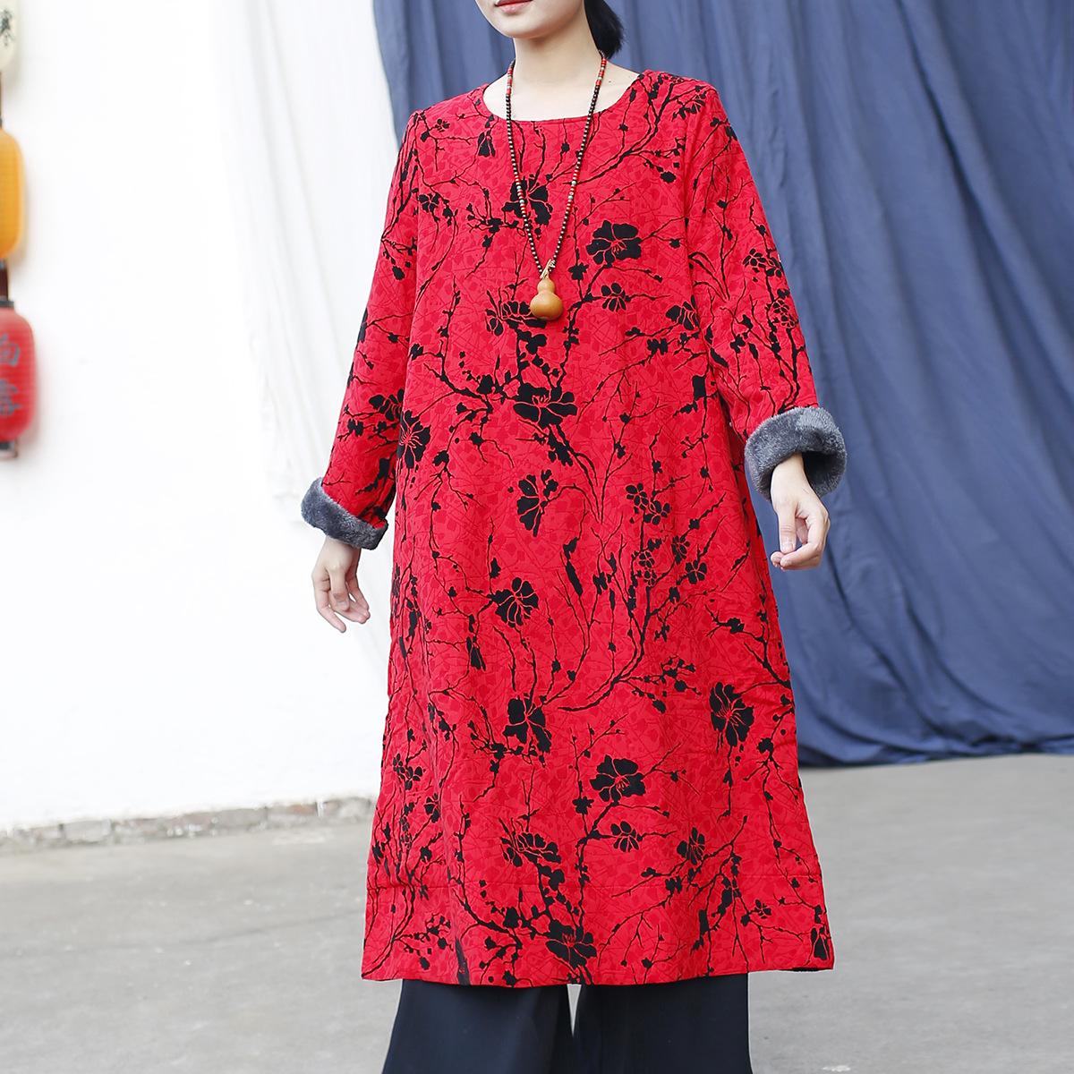 

Johnature Women Jacquard Vintage Dresses Chinese Style Spring Women Cloths Warm Red Dresses One Size красный