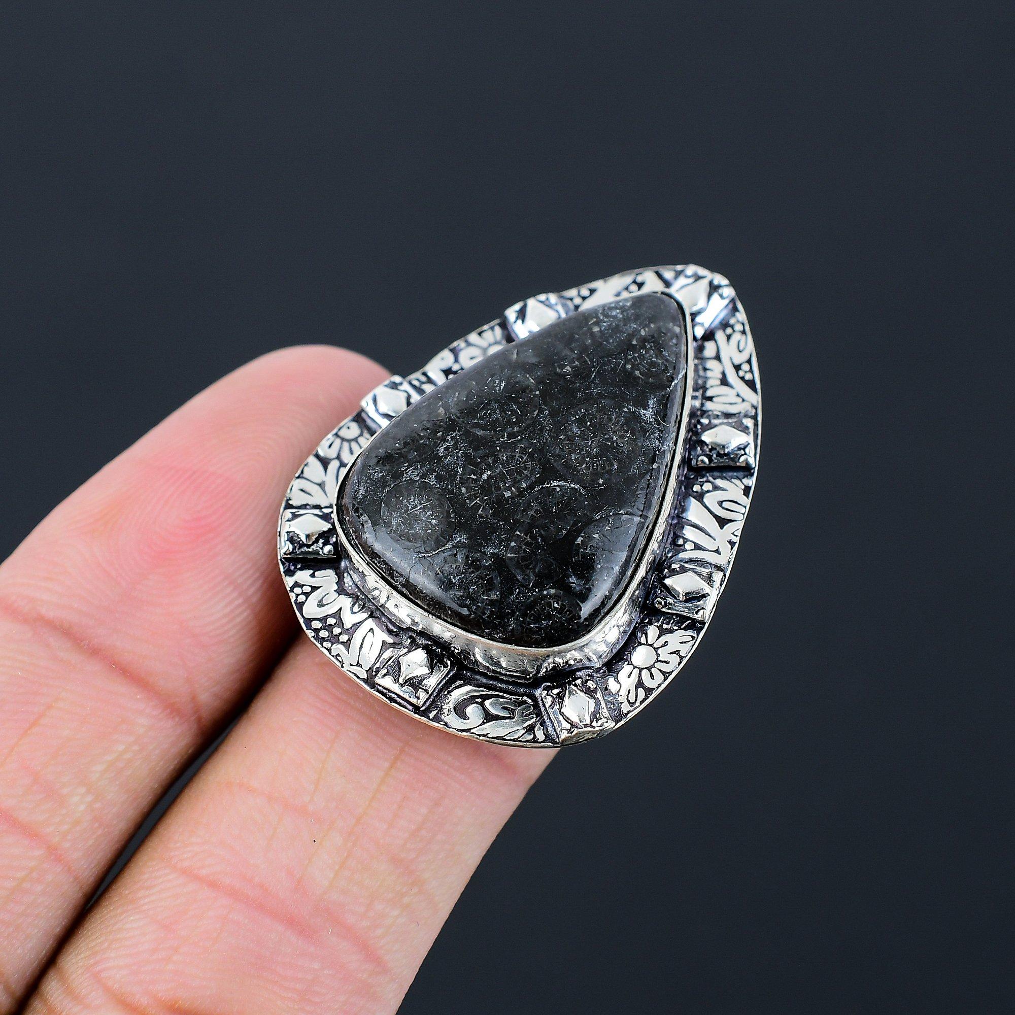 

Natural Black Fossil Coral 925 Sterling Silver Stackable Wedding Ring Jewelry 9