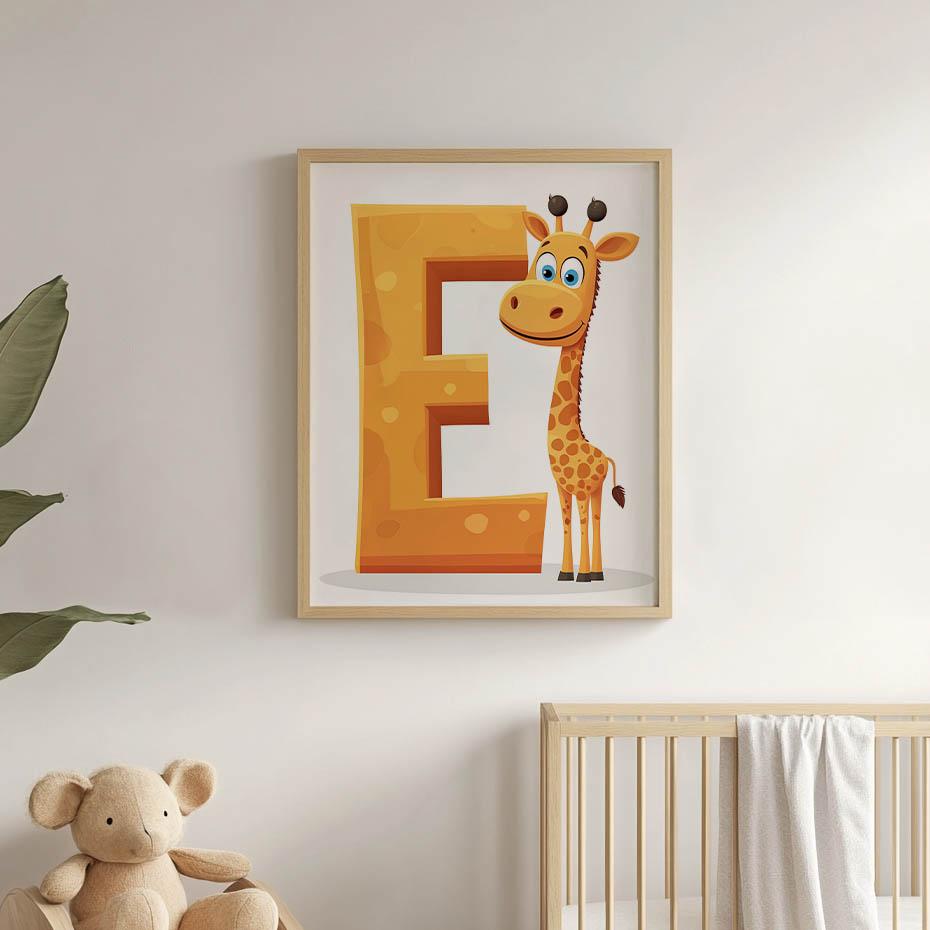 Plakat Uśmiechnięta Żyrafa I Litera E Plakat Uśmiechnięta Żyrafa I Litera E, 50X70 Cm, Rama Aluminiowa Czarna, Papier Matowy 230 Gsm