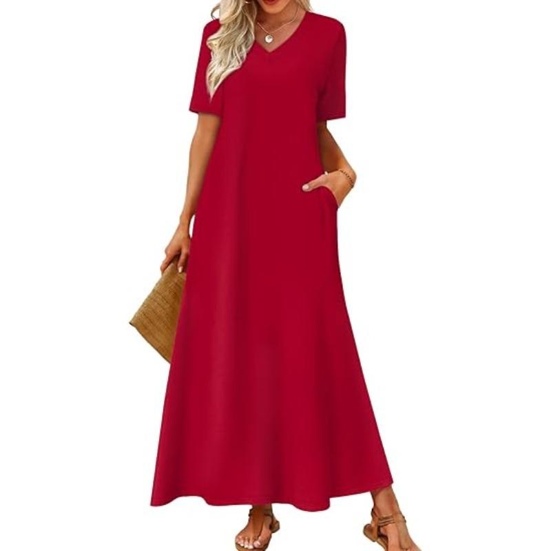 JKASHDK Women's Fashion Summer Spring Solid Color Print Short Sleeve V-Neck Loose Waistline Casual Dresses