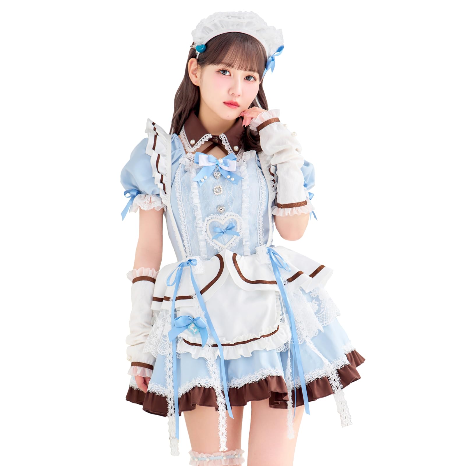 

Malymoon Cosplay Costume Set for White or featuring Noah Sato in Light Blue and 11-Piece Day, Maid, Housekeeper, Waitress, Lace, Heart, Ruffles, синій