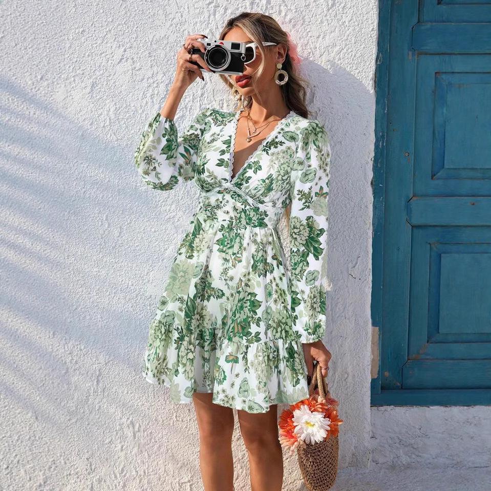 Women's Lace Trim V Neck Floral Print Mini Dress, Long Sleeve Casual Vacation Boho Ruffle Hem Beach Dress for Women