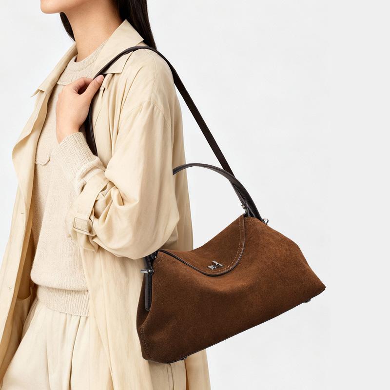 Brown Suede-Finish Cowhide Handbag – Minimalist, Lightweight, and Elegant Shoulder Bag for Women
