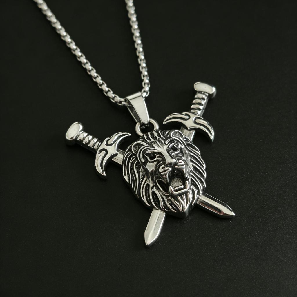 Retro Stainless Steel Lion Head Sword Pendant Necklace - European & American Hip Hop Style