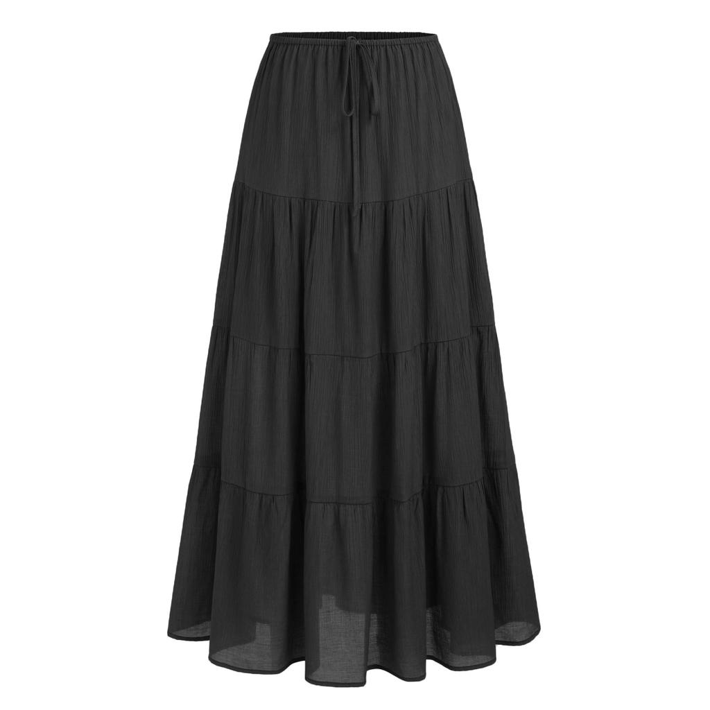 Women's Casual Maxi Skirts Summer Boho Solid Beach Elastic High Waist Pleated A-Line Flowy Swing Long Maxi Skirts Elastic Waist Long Skirt for Women
