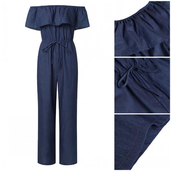 Sommer-Frauen-Overalls mit Schulterfrei, einfarbig, Rüschen, weites Bein