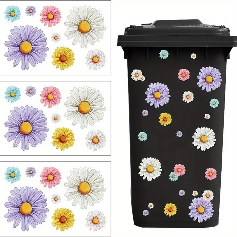 3 Pcs Floral Wheel Trash Can Stickers Self-Adhesive Pvc Decals Daisy Garbage Can Stickers Fridges Home & Wall Decor Weatherproof