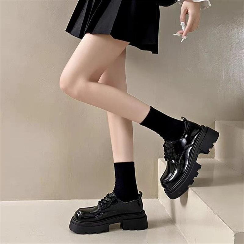 Small Leather Shoes Women's Spring and Autumn 2025 New Platform High-heeled British Style Single Shoes Black Lace-up Versatile JK Loafers