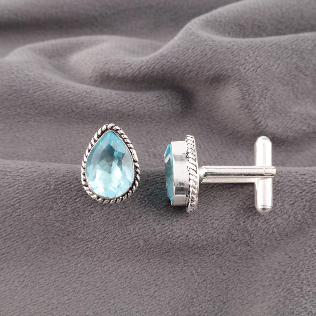 Sky Blue Topaz Gemstone 925 Fine Silver Handmade Cufflinks 0.67" Men Accessorise CL-5-5