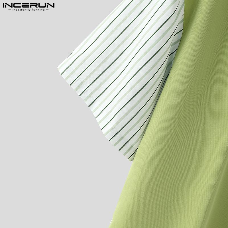 INCERUN Men Striped Shirts Casual Short Sleeve Patchwork Buttons Up Tops