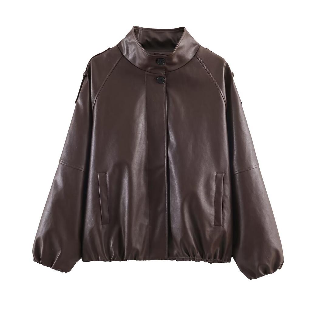 TAOP&ZA Women's New Casual Fashion Versatile Faux Leather Stand Collar Jacket 6318025