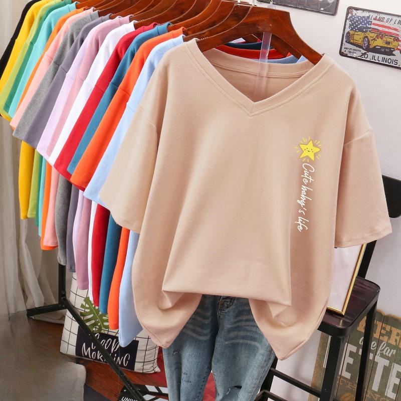 

Футболка с коротким рукавом, Свободного кроя, Приталенный топ с V-образным вырезом с принтом для женщин 5XL абрикосовый