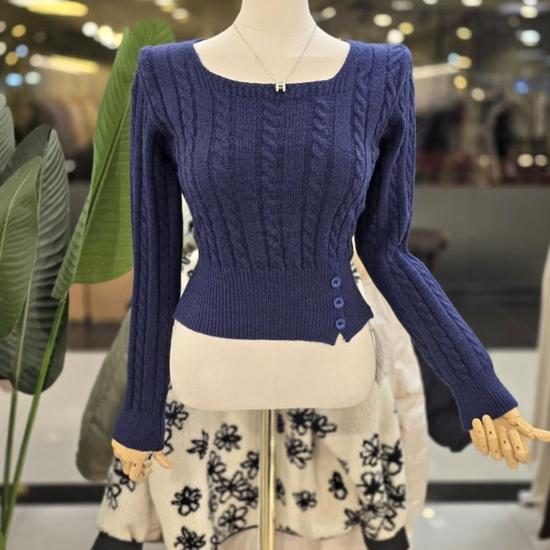 Button Decorated Cable Knit Square Neck Knit Top (C26B7FKT011)