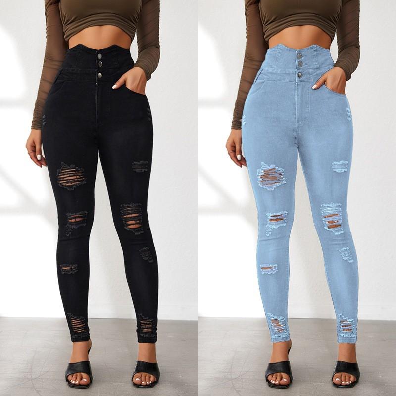 High Waist Ripped Skinny Jeans Women Stretch Denim Pants Streetwear Slim Fit Trousers