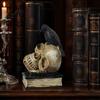Mysterious Skull Ornament for Bookshelf Halloween Head Statue Gothic Crow And Book Sculpture Unconventional Art Office Spooky Resin Statue