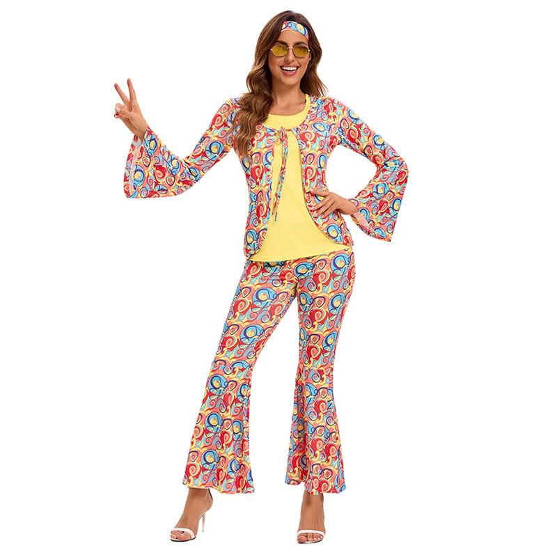 Retro 70s Hippie Costume Men Women Cosplay Party Stage Outfit Set With Headscarf Wig Vest Belt