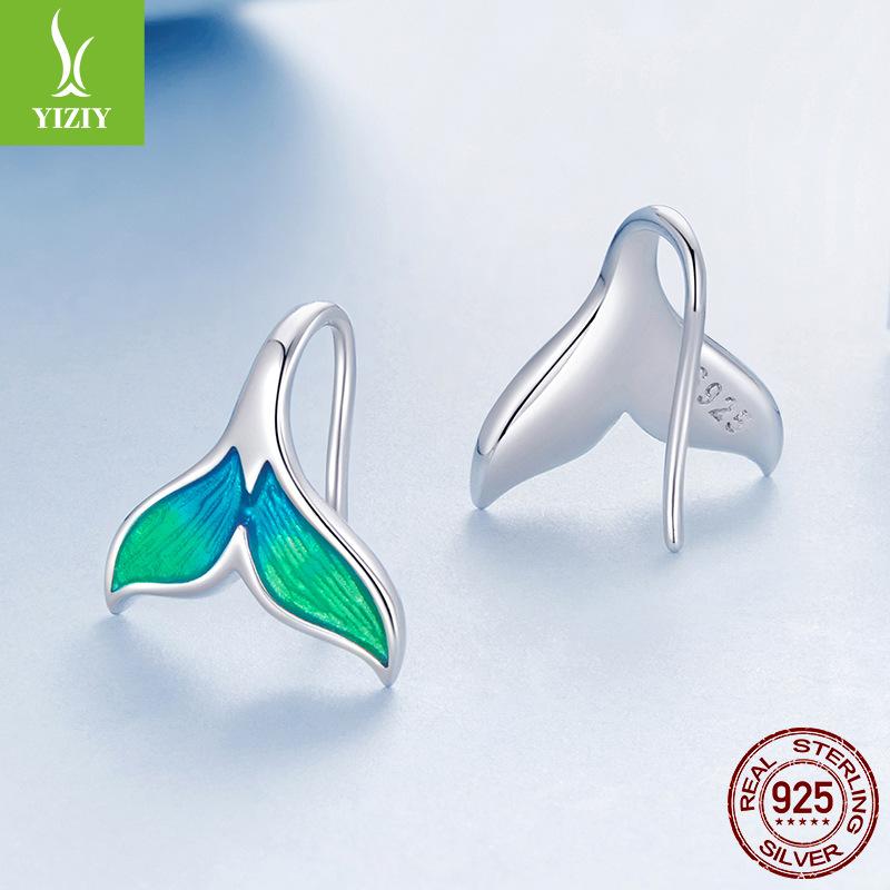 Mermaid Tail Ear Hook Earrings, Romantic Summer Colorful Fishtail S925 Sterling Silver Earrings