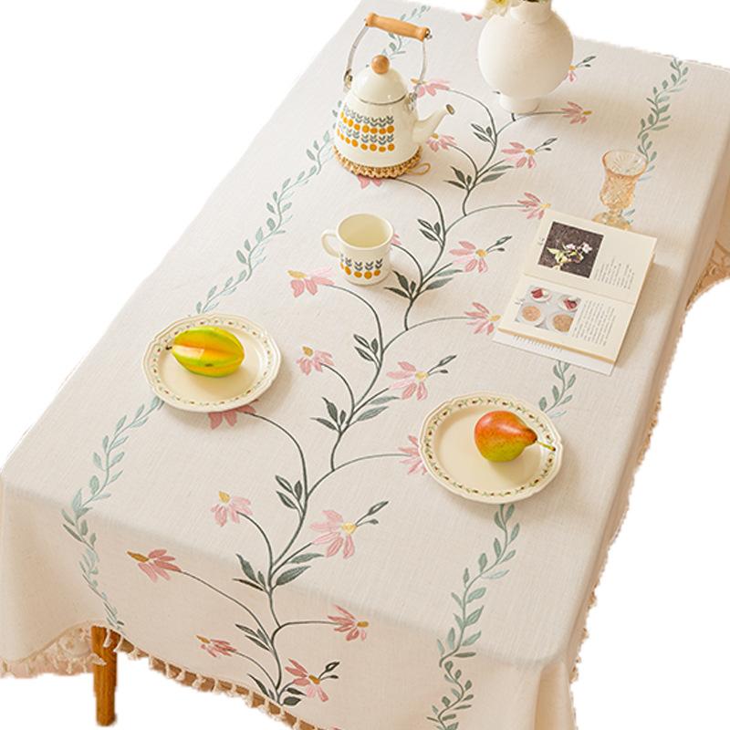 Embroidery Table Cloth Tablecloth Cotton And Linen Embroidery Rectangular White Fringed Coffee Table Fabric Cover Towel European Pastoral Living Room