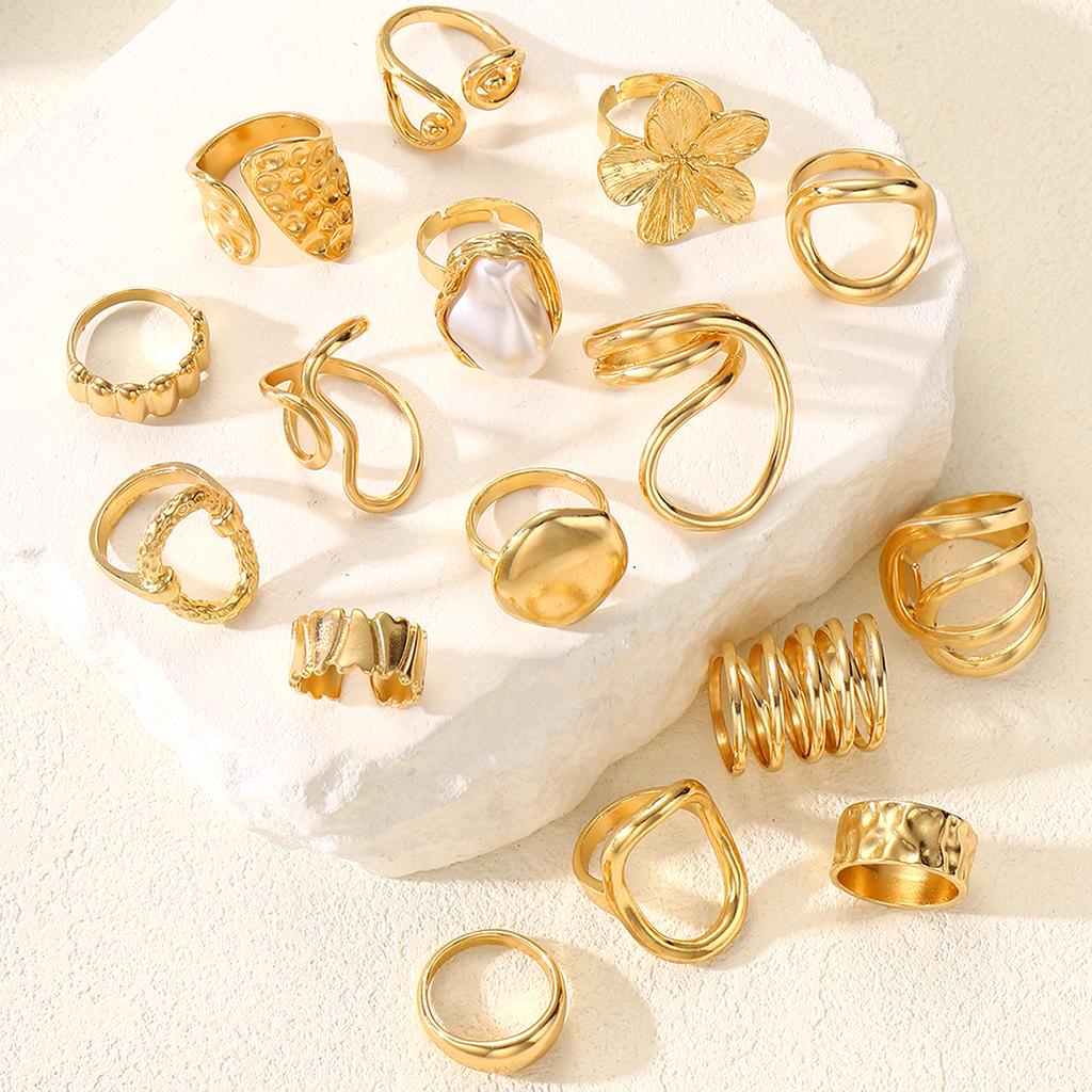 16pcs Gold Color Irregular Pearl Flower Rings Set For Women Fashion Boho Chunky Stackable Rings Party Daily Wear Jewelry Gifts