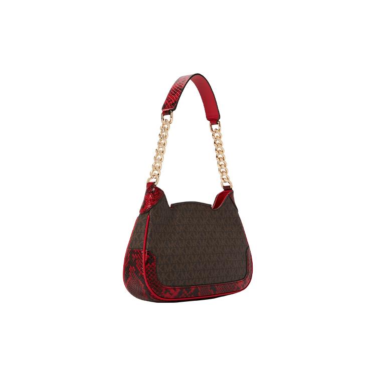 New MICHAEL KORS Hally Cow Leather With Artificial Leather Handbag, Shoulder Bag Women's Dark Brown/Red 30H1G2HL0E-602