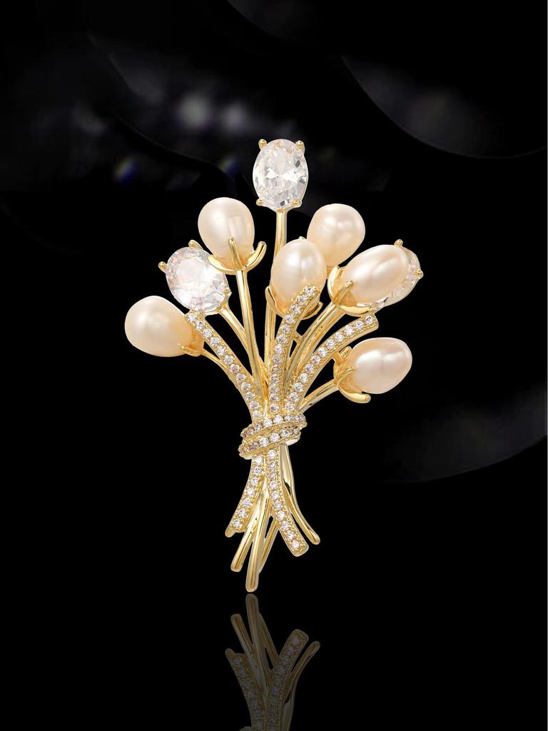 Snowflake & Butterfly Zircon Brooch with Freshwater Pearl for Women's Korean Style Suit Coat