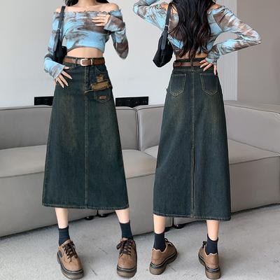Zement Asche Waschung Personalisierter Taschen Jeansrock mit Schlitz hinten