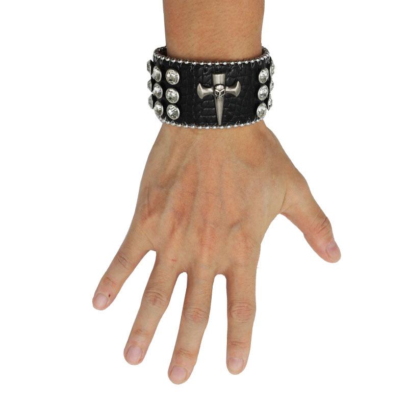 Gothic Stil Totenkopf Strass Armband Schmuck, Modisches Design Diamant PU Leder Handschmuck