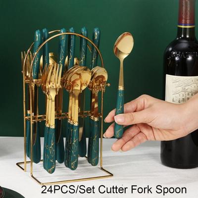 Juego de Vajilla Marmoleada Estilo Nórdico de 24 piezas Juego de Cubiertos de Acero Inoxidable Juego de Cubiertos para Familia Restaurante
