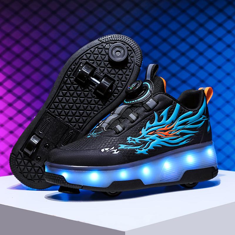 Children's Roller Skates Removable Flat Charging LED Four Wheels Glowing Sports Shoes Pink Women's Glowing Sneakers