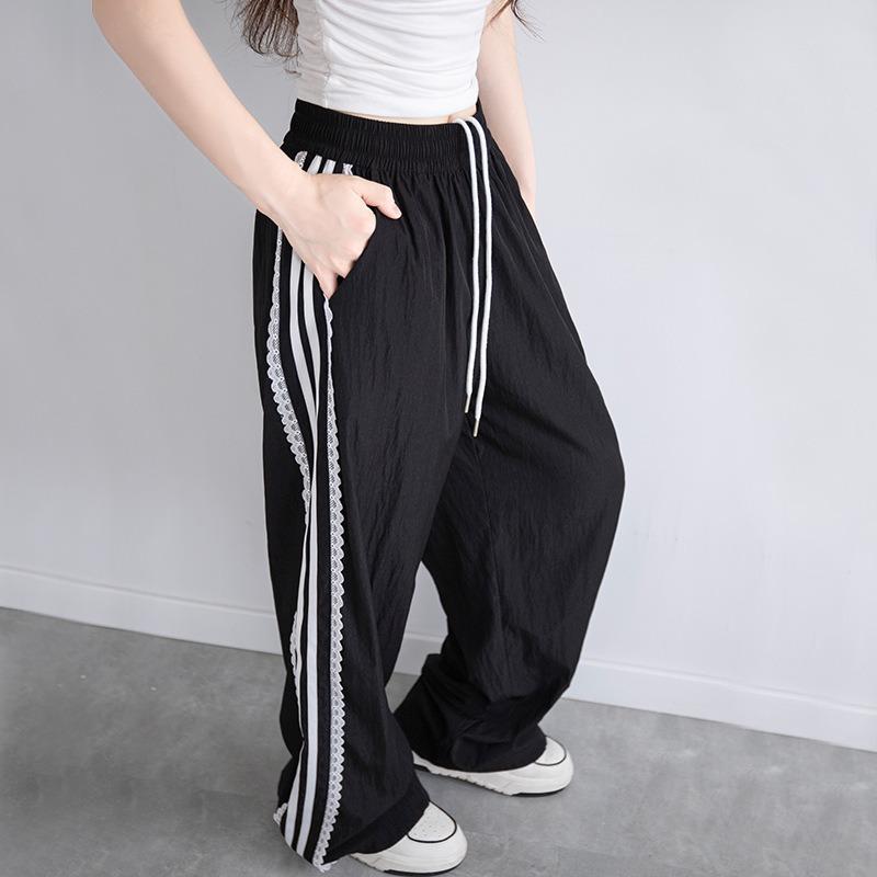 Black and white casual sweatpants women's spring, summer and autumn lace drawstring high waist drape loose sunscreen ice silk wide-leg pants