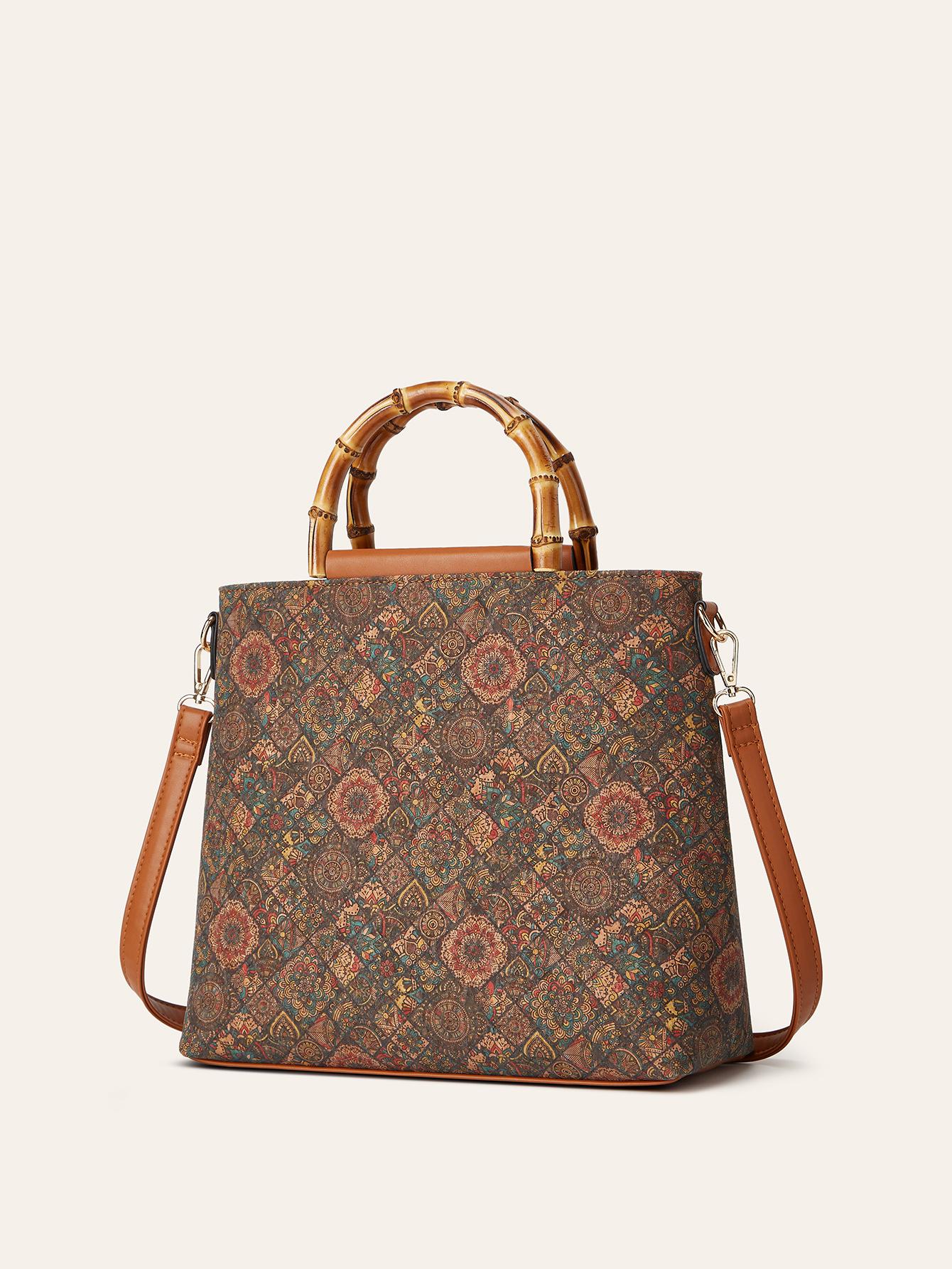 

Retro ethnic style cork printed bark bag bamboo vertical tote bag large capacity women s premium handbag темно-коричневого кольору