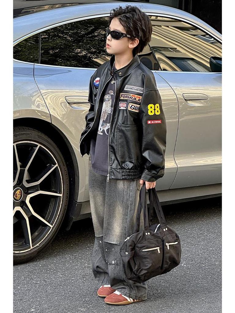 Herbst 2025 Trendige Jungen-Jacke aus besticktem PU-Leder - Retro-Stil-Unisex-Oberbekleidung