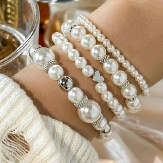 European & American Style Heart Crescent Moon Faux Pearl Layered Bracelet