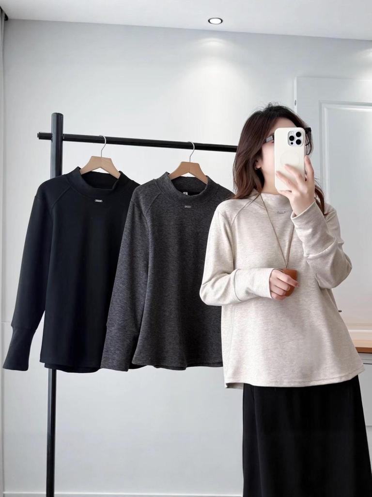 Plus Size Korean Style Drop Shoulder Slimming Long Sleeve Fleece T-shirt - Warm Versatile Base Layer for Women