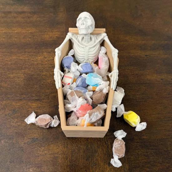 Gothic Halloween Candy Holder Casket Shape Candy Box with 3D Skeleton Figurine Spooky Desk Candy Bowl Small Serving Tray for Halloween Party Favors
