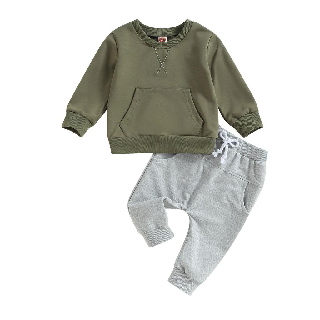 Toddler Boys Fall Outfits Pocket Embroidery Crew Neck Long Sleeve Sweatshirts and Long Pants 2Pcs Clothes Set