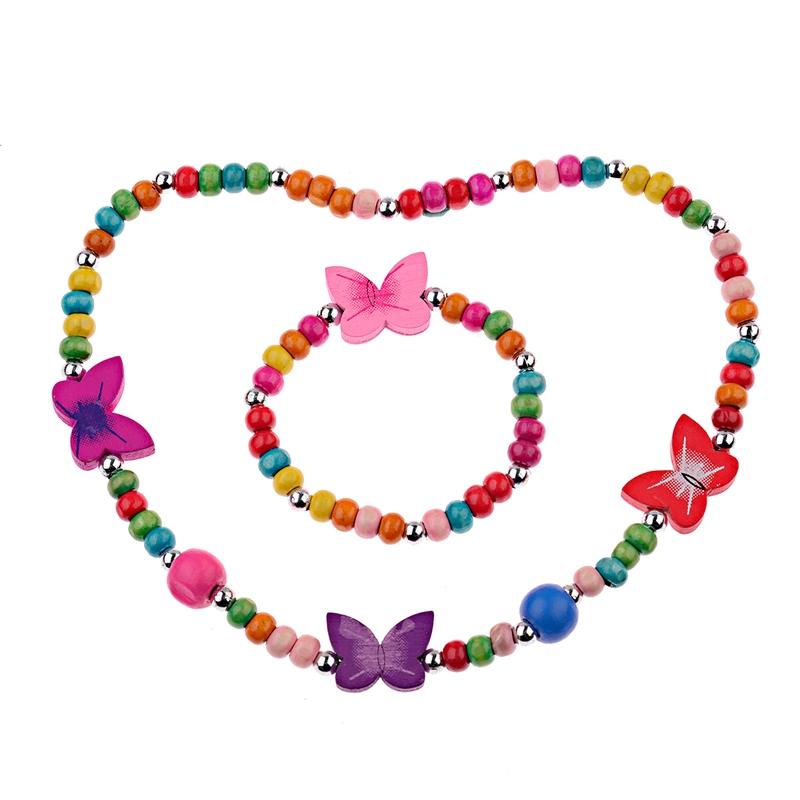 TopHanqi Girls Zircon Sets Cute Animal Butterfly Wood Beads Necklace Bracelet Set For Kids Children Girls Birthday Party Gift
