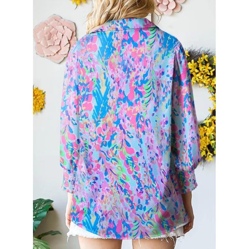 Tooxika New Women's Long-sleeved Printed Tops Lapel Lantern Sleeve Shirts For Women