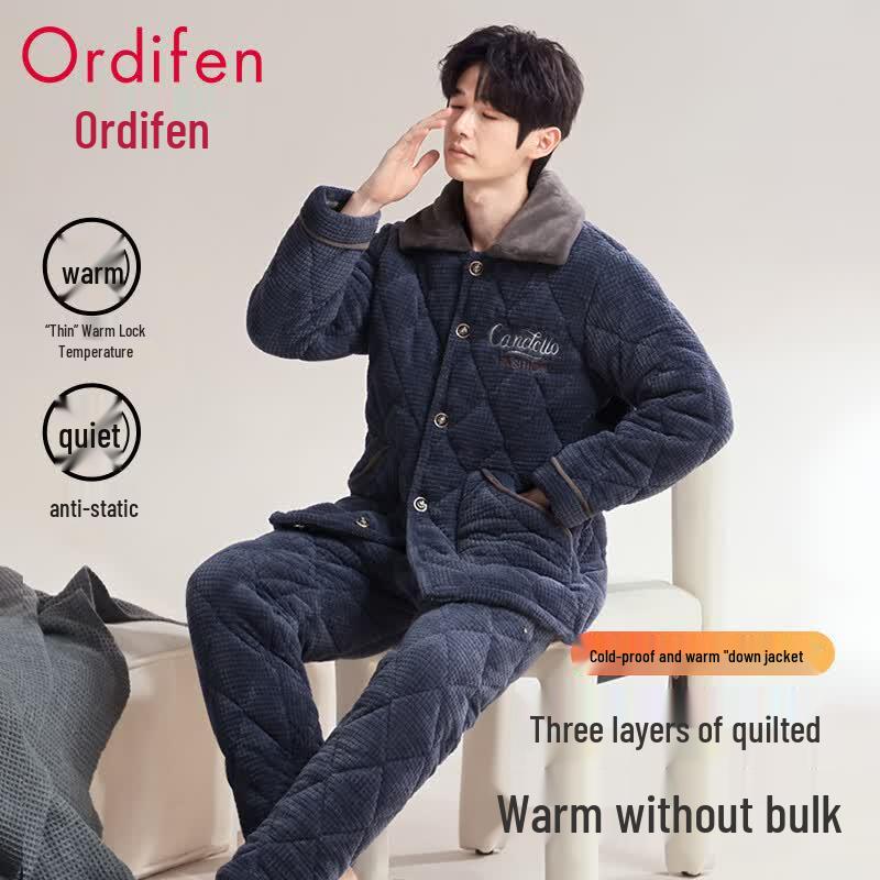 Oudifen Men s 3-Layer Padded Warm Pajama Cardigan Set XL