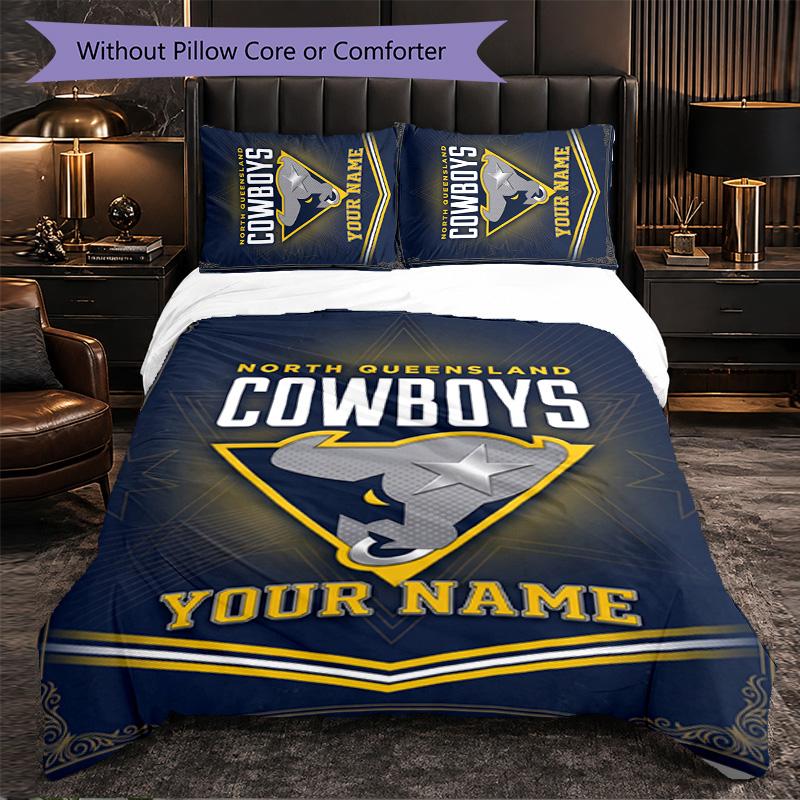 North Queensland Cowboys Customized Name Text Bedding Set, 1 Duvet Cover & 2 Pillowcases Personalized Bedroom Gift