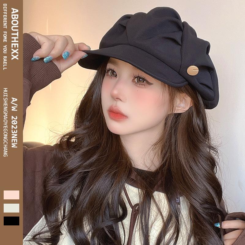 New Black Pleated Cloud Hat for Women with Big Head Octagonal Hat Showing Versatile Face Beret for Women