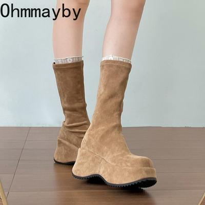 Klobige Plateau Dicke Sohle Frau Mordern Stiefel Design Runde Zehe Slip On Schuhe Herbst Winter Stretch Slim Kurze Stiefel Für Damen