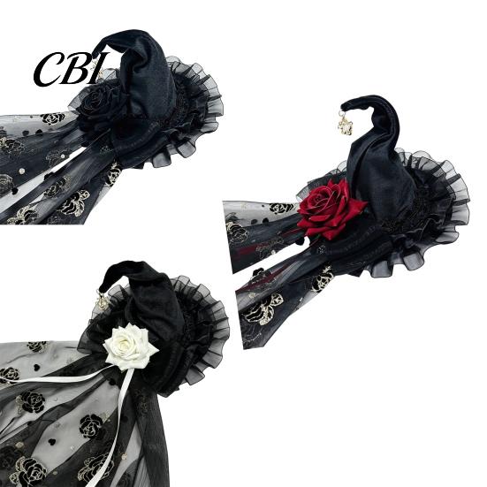 Halloween Night Essentials Witch Hat with Rose for Women, Gothic Vintage Mini Wizard Creative Props Headpiece Veil Costume, Dress Up, Masquerade Party