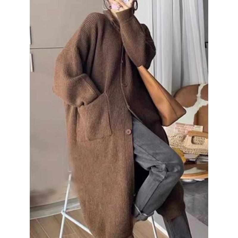 Lazy Wind Turtleneck Autumn and Winter Sweater Women's Single-breasted Solid Color Long-sleeved Knitted Cardigan Women's Medium and Long Coat Women