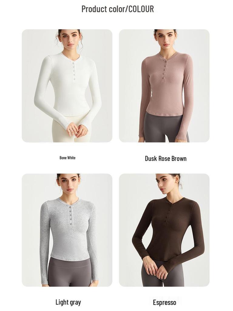 LAHN Damen Langarm Rundhals Knopfleiste Sportoberteil, Enganliegend, Hohe Elastizität, Antibakterielle Yoga & Fitnessbekleidung für den Winter