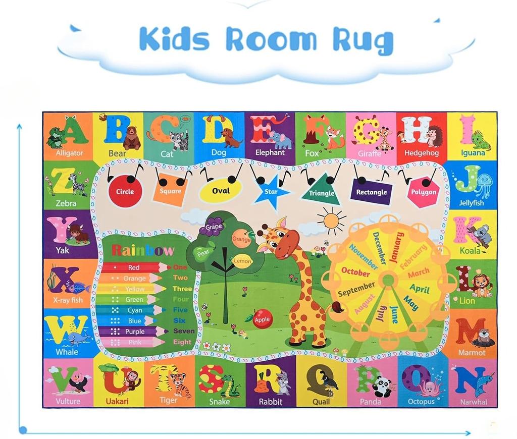 Beige Educational ABC Play Rug, Washable Non-Slip Learning Mat with Animals Shapes, Fun Playroom Carpet for Kids Toddlers