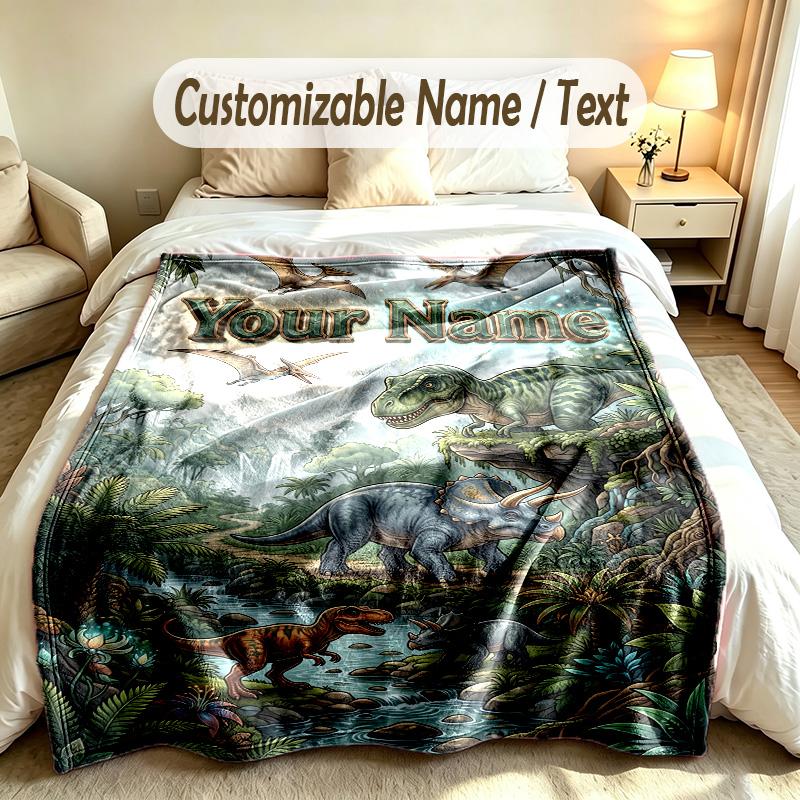 Dinosaur Theme Custom Blanket Personalized Name & Text Customized Soft Warm Throw Blanket Home Decor