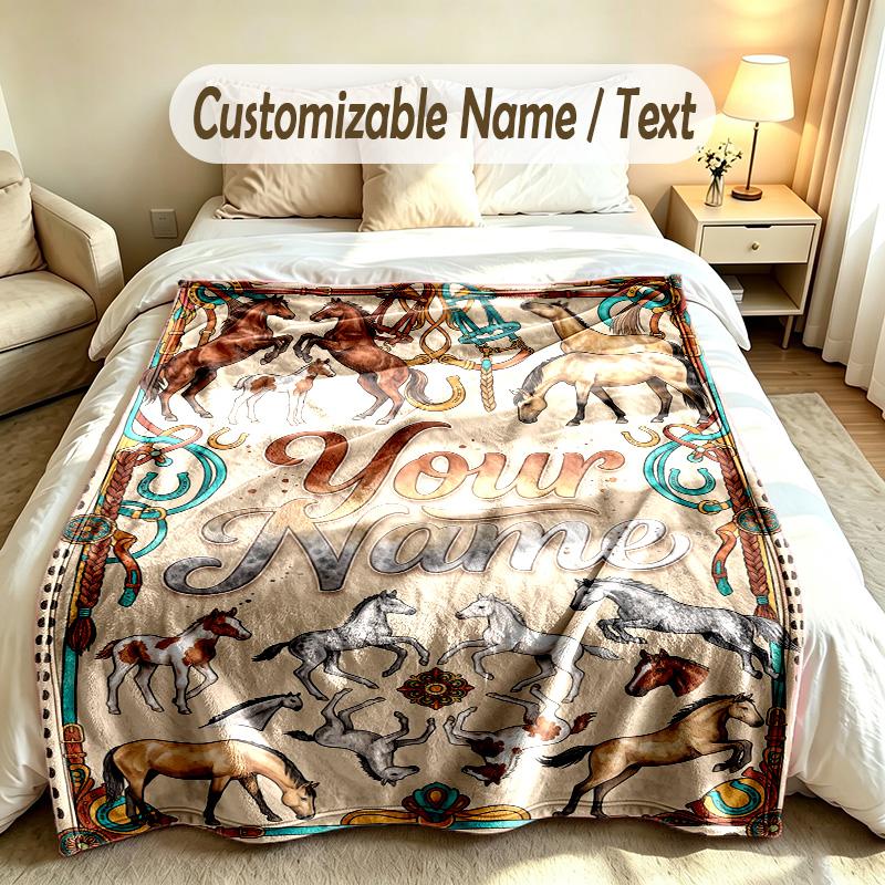 Horse Theme Custom Blanket Personalized Name & Text Customized Soft Warm Throw Blanket Home Decor