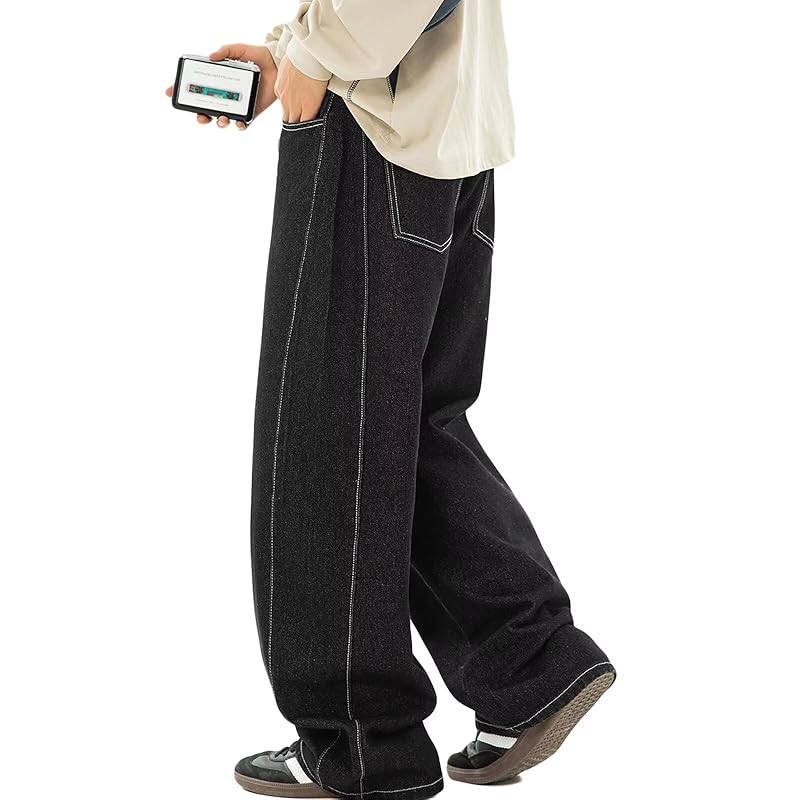 

[WUXZHI] denim pants men s wide pants jeans Relaxing baggy pants black street jeans straight sarouel pants big silhouette American casual large size